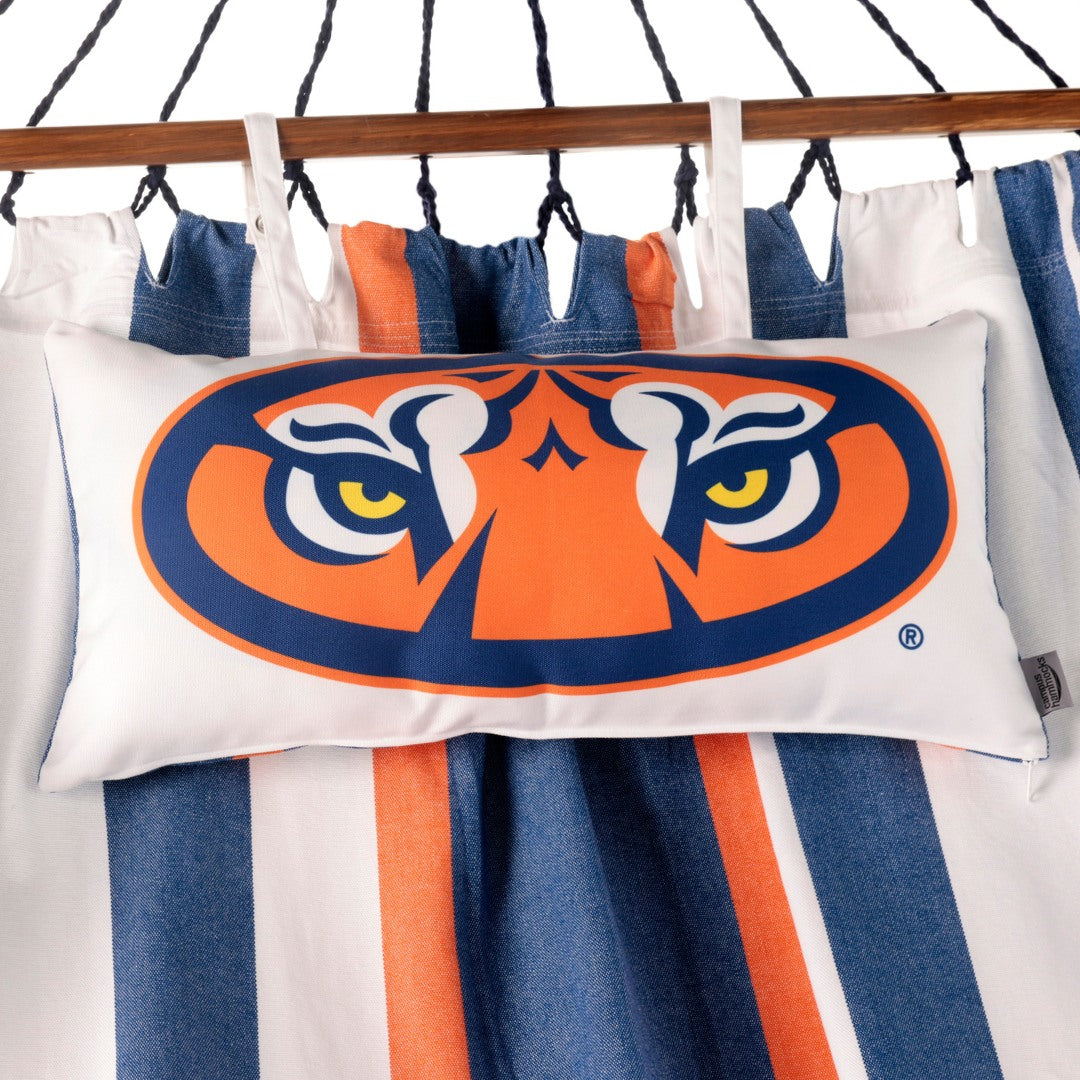 Auburn Tiger Eyes Pillow on navy and orange fabric
