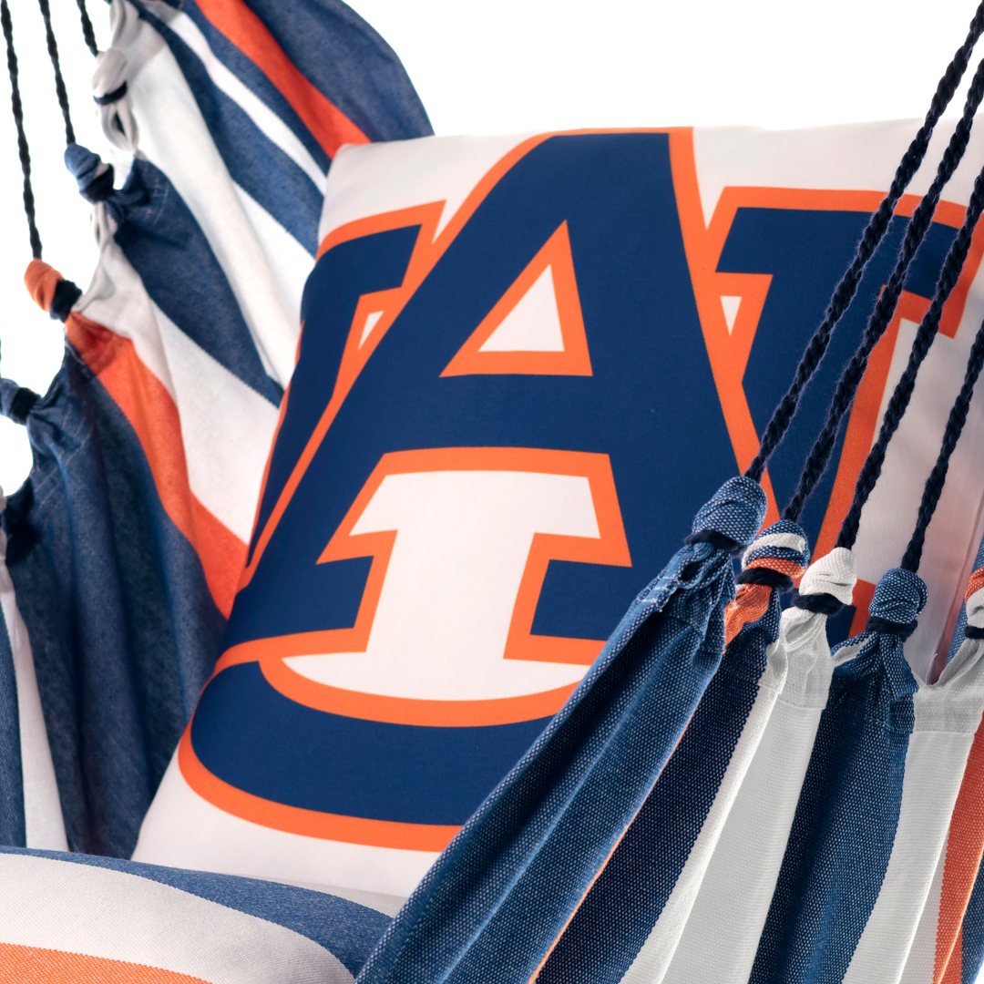 Hammock CHair Pillow with Auburn University logo featuring blue, orange, and white colors.