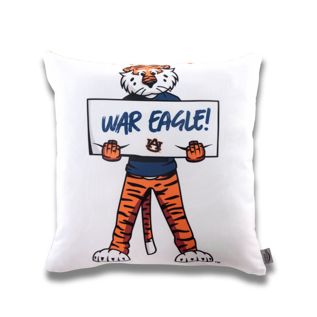 Auburn War Eagle Pillow Cover showcasing Aubie the mascot holding a sign that reads WAR EAGLE