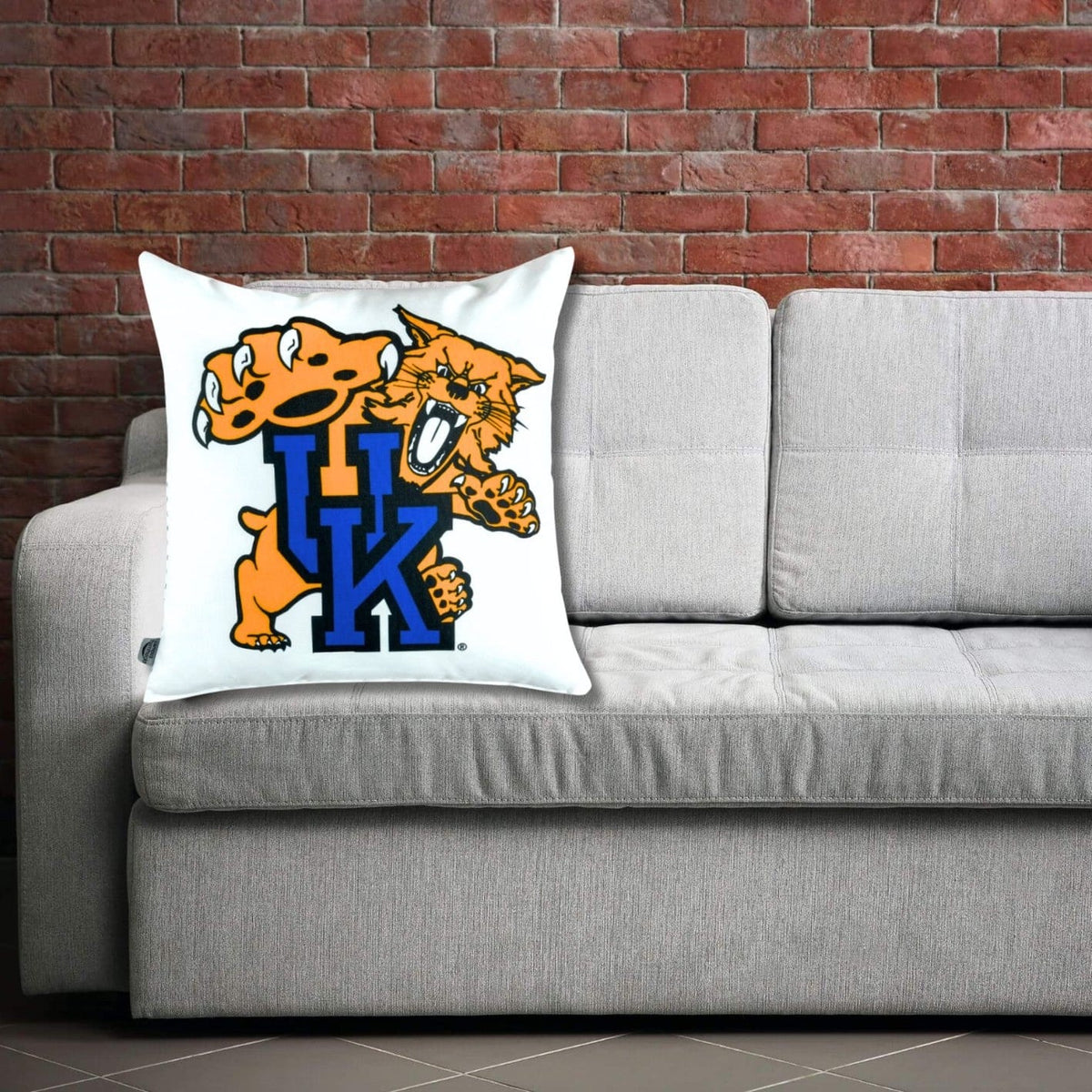 Kentucky Wildcat Mascot Pillow Cover on a gray sofa