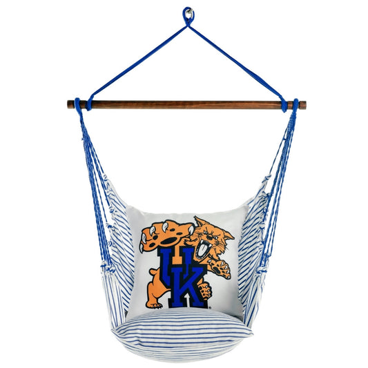 Hanging chair hammock with Kentucky Wildcats mascot logo on a white background