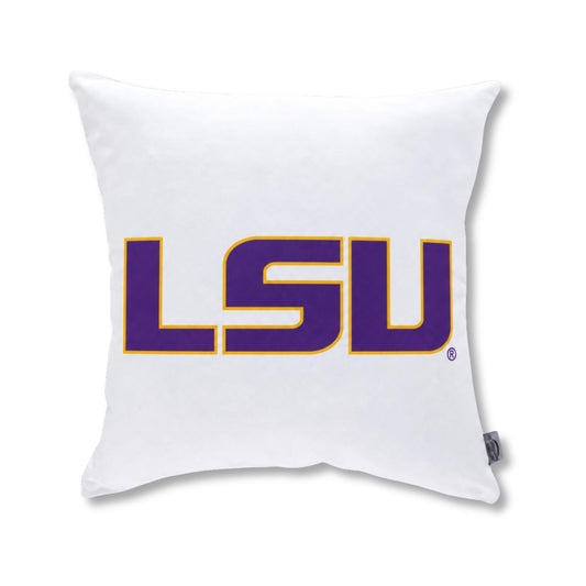 A square white throw pillow featuring the LSU logo in purple with a gold outline, for Louisiana State University set against a clean white background.