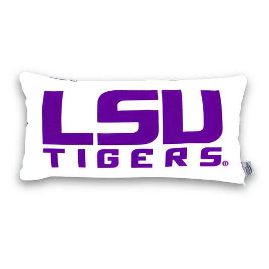 White lumbar pillow with LSU Tigers logo in purple
