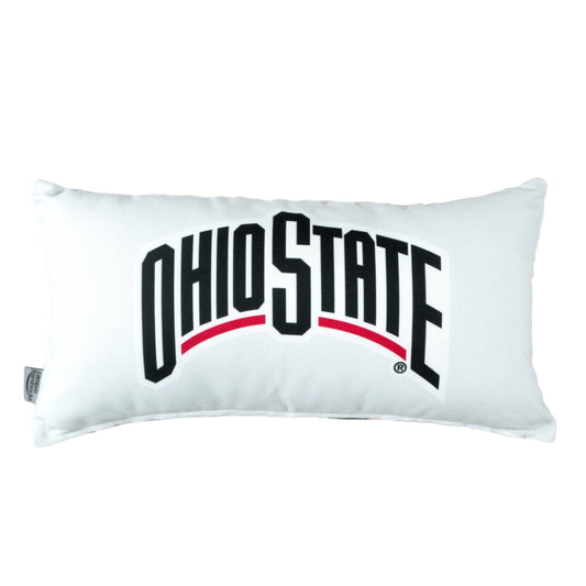 Ohio State logo on a white pillow with a red accent
