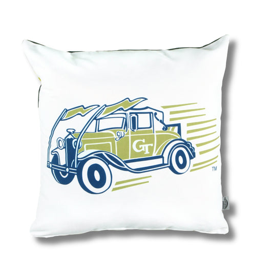Pillow with Ramblin Wreck design and 'GT' logo on a white background