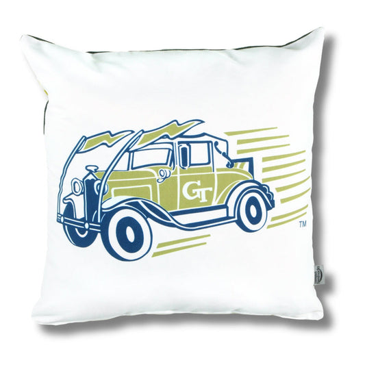 Pillow with Ramblin Wreck design and Georgia Tech logo on a white background