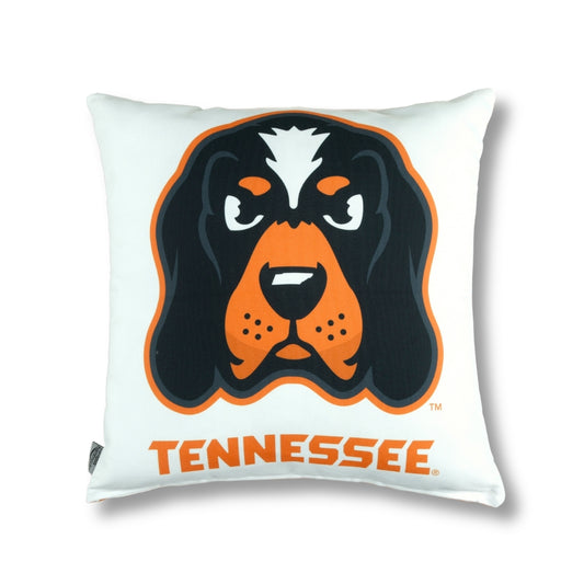 Pillow with Smokey the University of Tennessee hound mascot and orange 'TENNESSEE' text on a white background