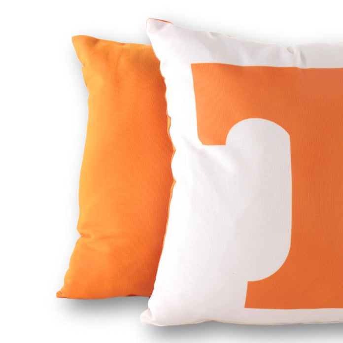 orange Pillow with orange 'T' logo on a white background