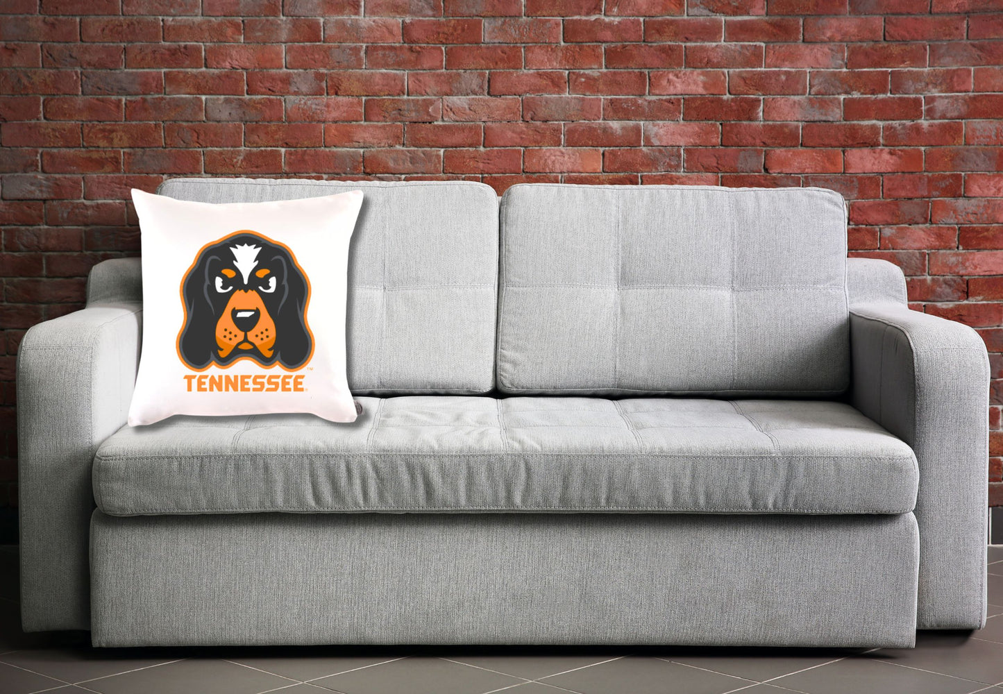 Gray sofa with a pillow featuring Smokey the University of TENNESSEE mascot