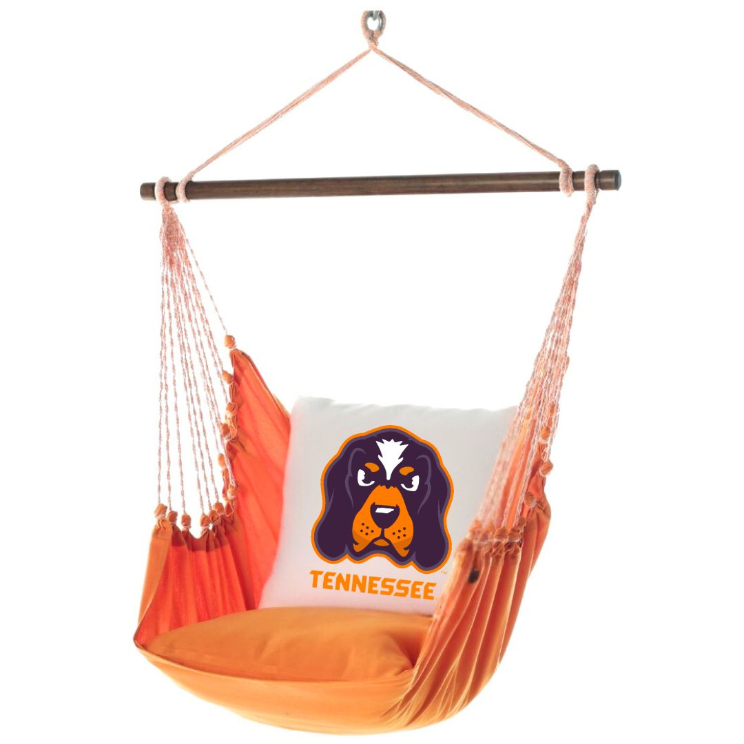 Orange hammock chair with a pillow featuring the University of Tennessee mascot Smokey logo and 'Tennessee' text on a white background