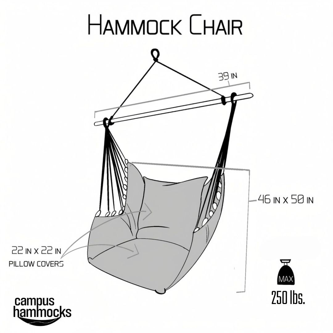 Hammock chair swing dimensions diagram: 39 inch spreader bar, 46 x 50 inch seat, 22 x 22 inch pillow covers, 250 lb max
