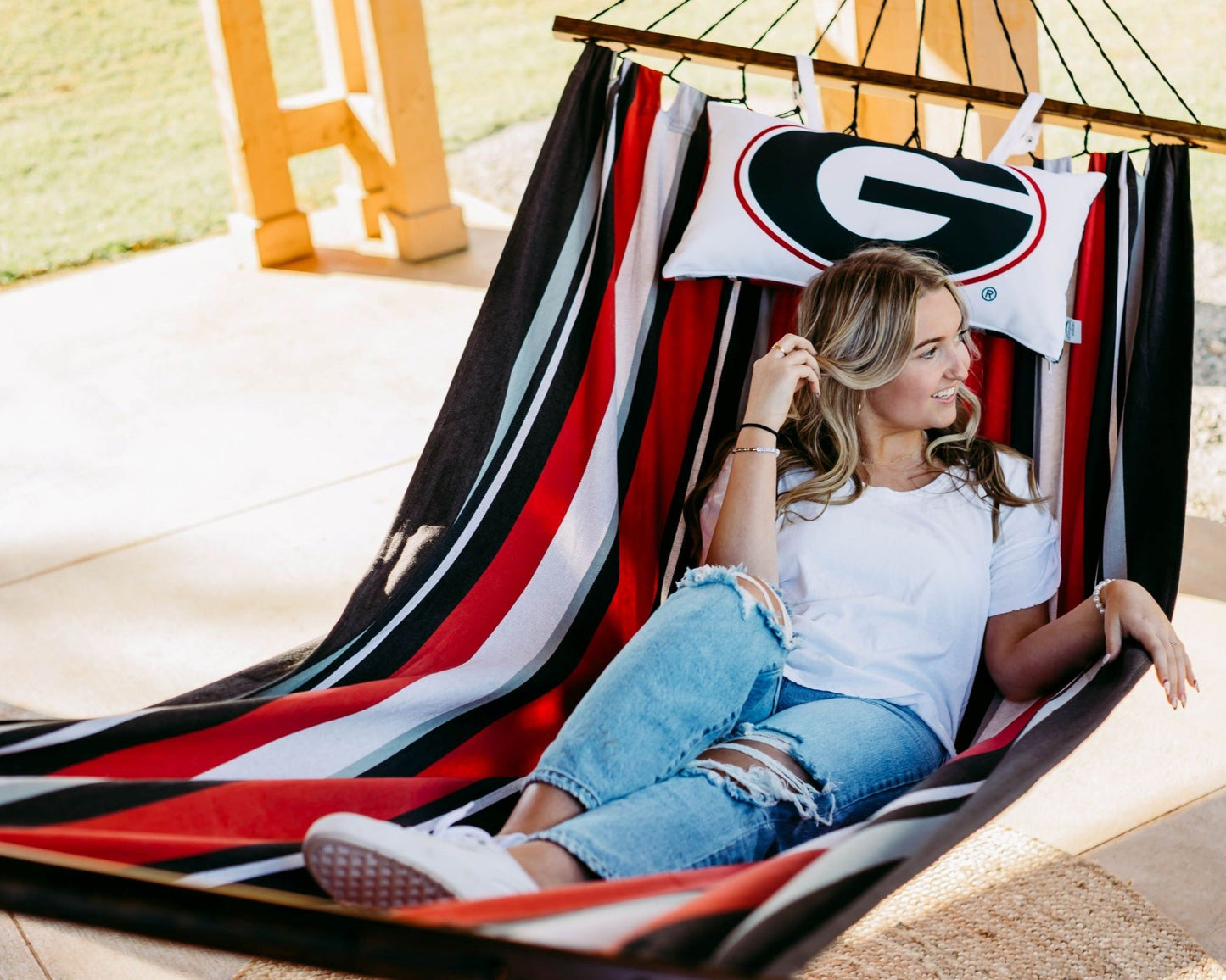 woman resting on a University of Georgia Hammock UGA BULLDOGS