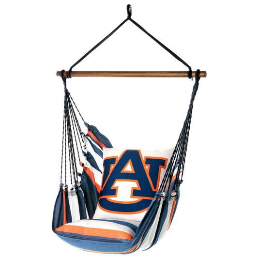 Hanging hammock chair with Auburn University logo on a white background