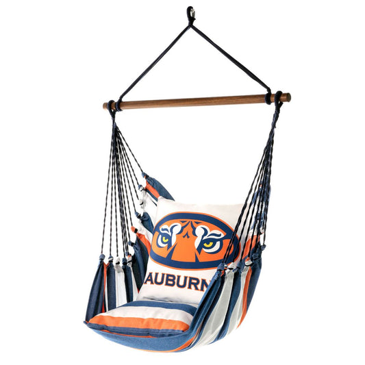 Hanging hammock chair with Auburn Tigers Eyes logo on a white background