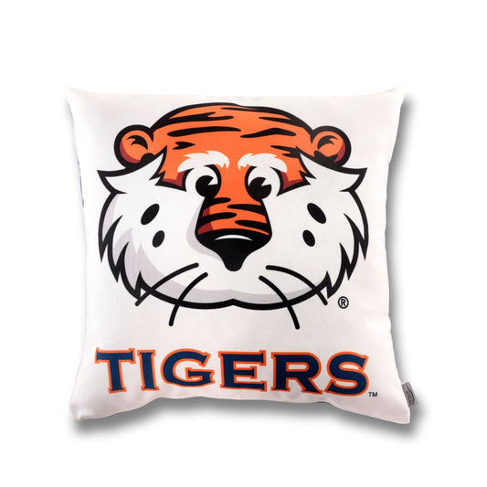 Pillow with  Auburn's Aubie tiger cartoon face design and 'TIGERS' text on a white background