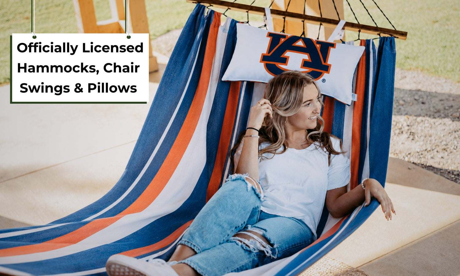 Officially licensed Auburn University hammock in navy, orange and white with matching logo pillow by Campus Hammocks