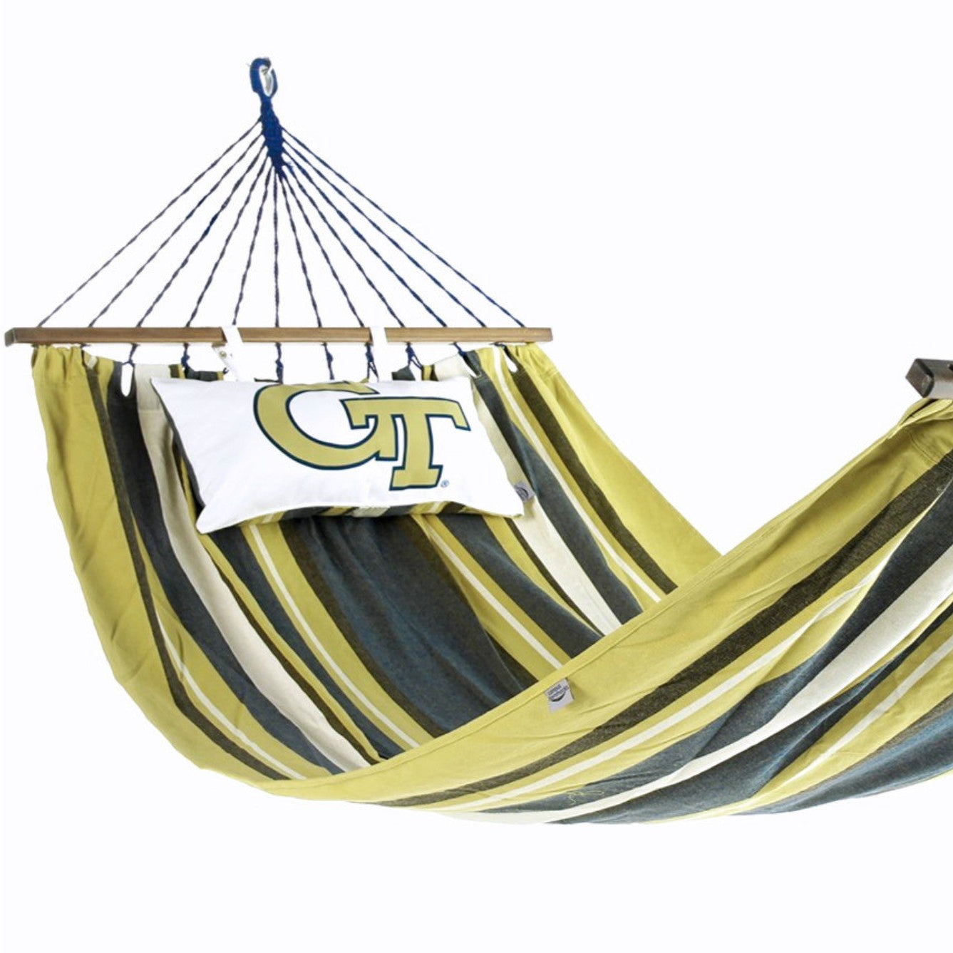 Striped gold and blue hammock with a pillow featuring the Georgia Tech logo on a white background