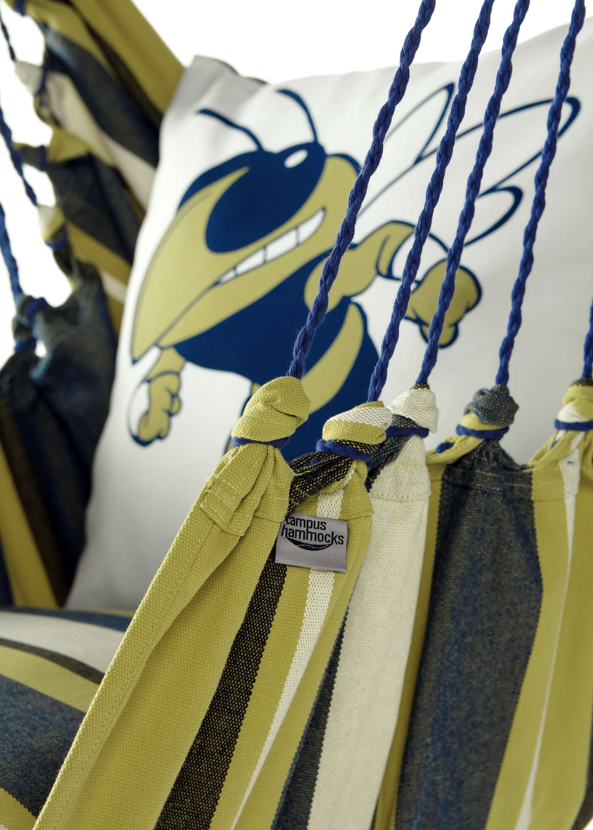 A close-up of a striped fabric hammock with blue hanging ropes, featuring a white logo with Buzz the Yellow Jacket
