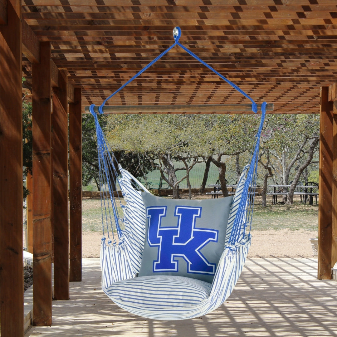 Hammock chair with Kentucky Wildcats logo on a wooden porch
