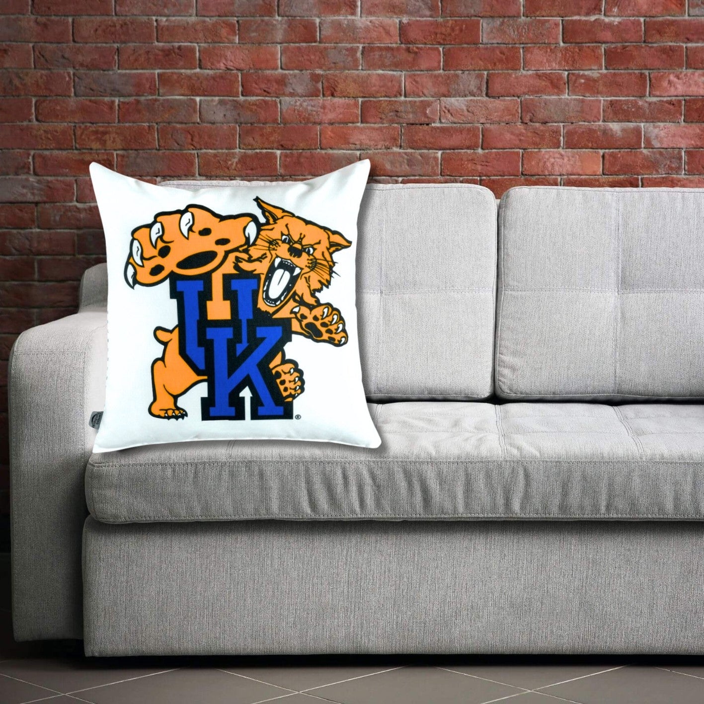 Kentucky Wildcat Mascot Pillow Cover on a gray sofa