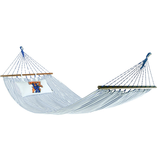 White and blue stripe hammock with the Kentucky Wildcat hammock with wooden bars on a white background
