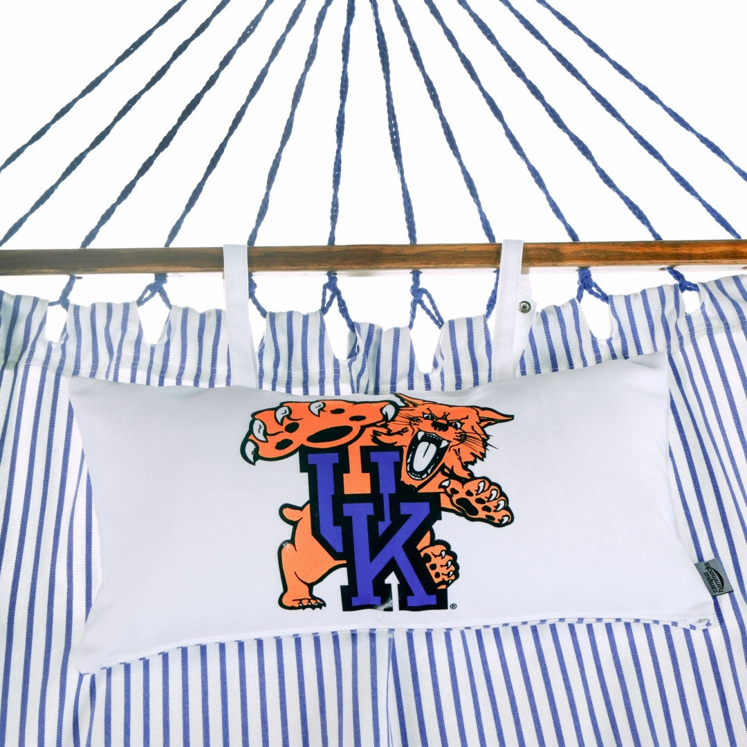 Pillowcase with a Wildcat mascot, logo and 'UK' letters on a striped background