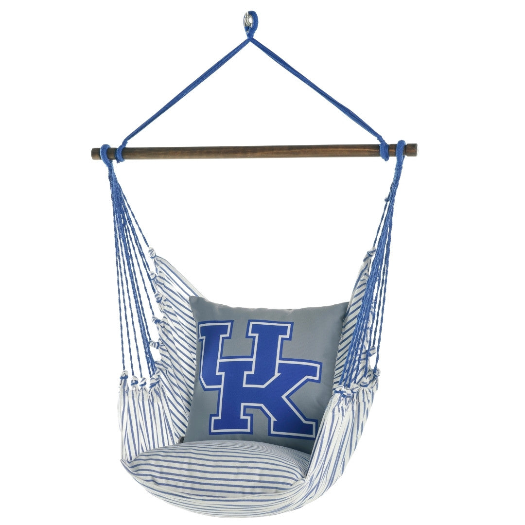 Hanging hammock chair with a pillow featuring the 'UK Kentucky' logo on a white background