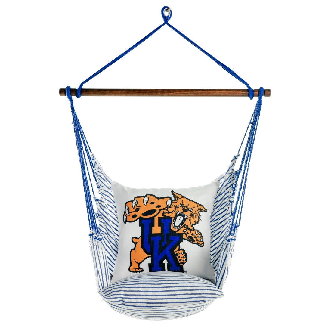 Hanging chair hammock with Kentucky Wildcats mascot logo on a white background