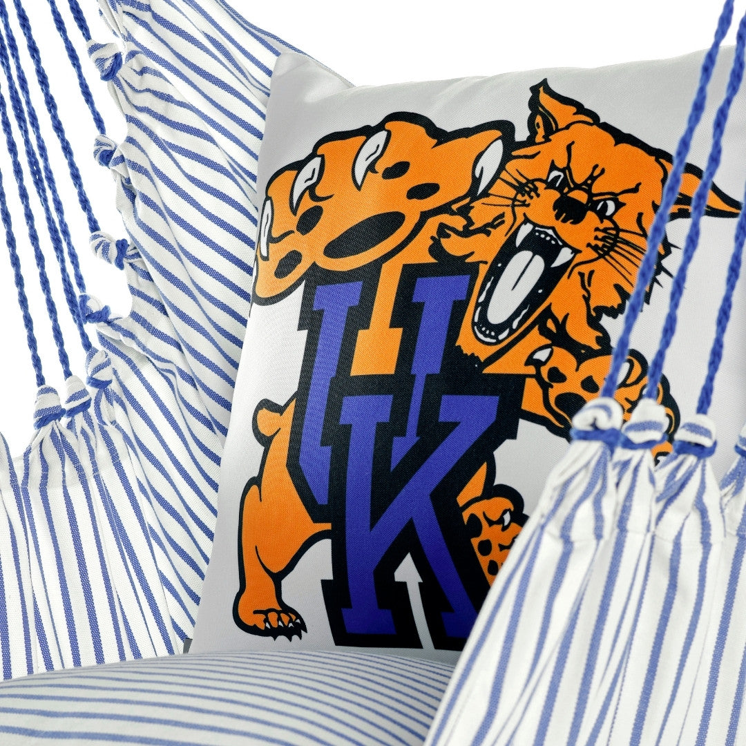 Pillow with Wildcat design and 'UK' letters on a striped background