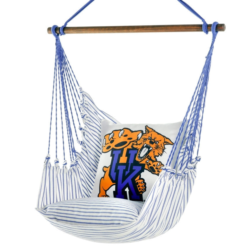 Striped hammock chair with a University of Kentucky mascot pillow featuring a Wildcat on a white background