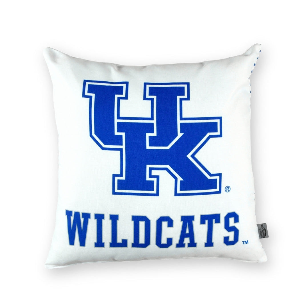 White pillow with blue 'UK' and 'Wildcats' text on a white background