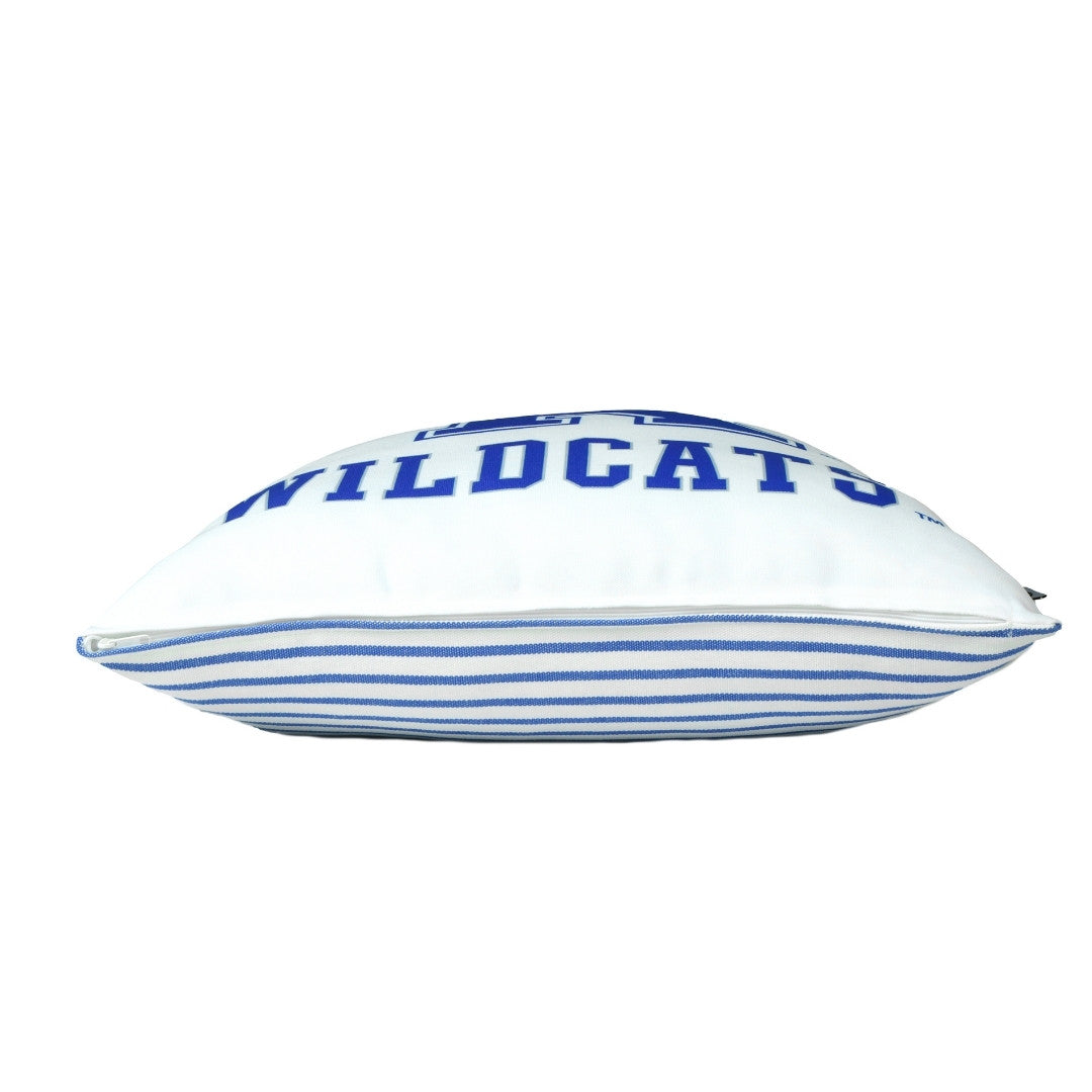 side view of zipper White pillow with blue stripes and 'WILDCATS' text on a white background