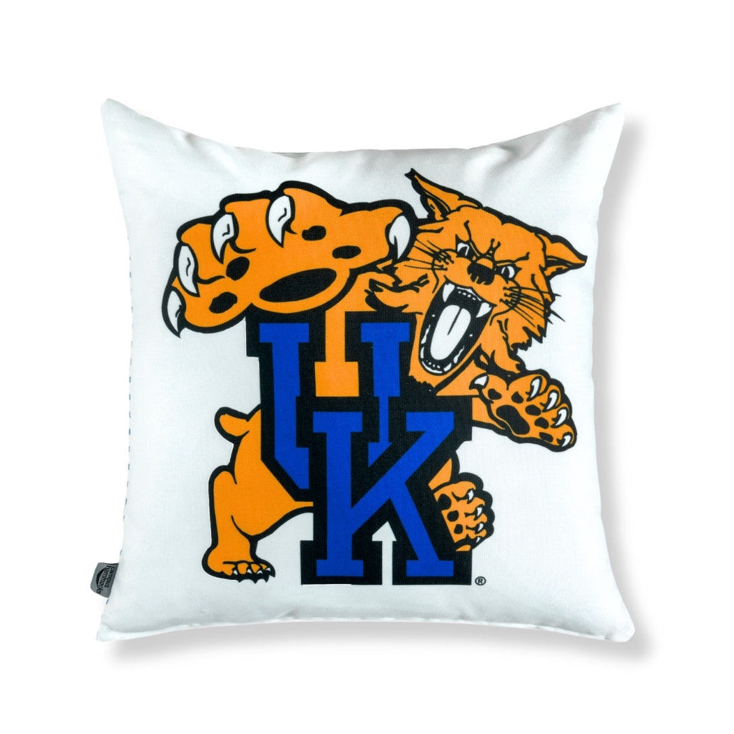 Pillow with a tiger logo and 'UK' letters and the University of Kentucky Wildcat mascot on a white background