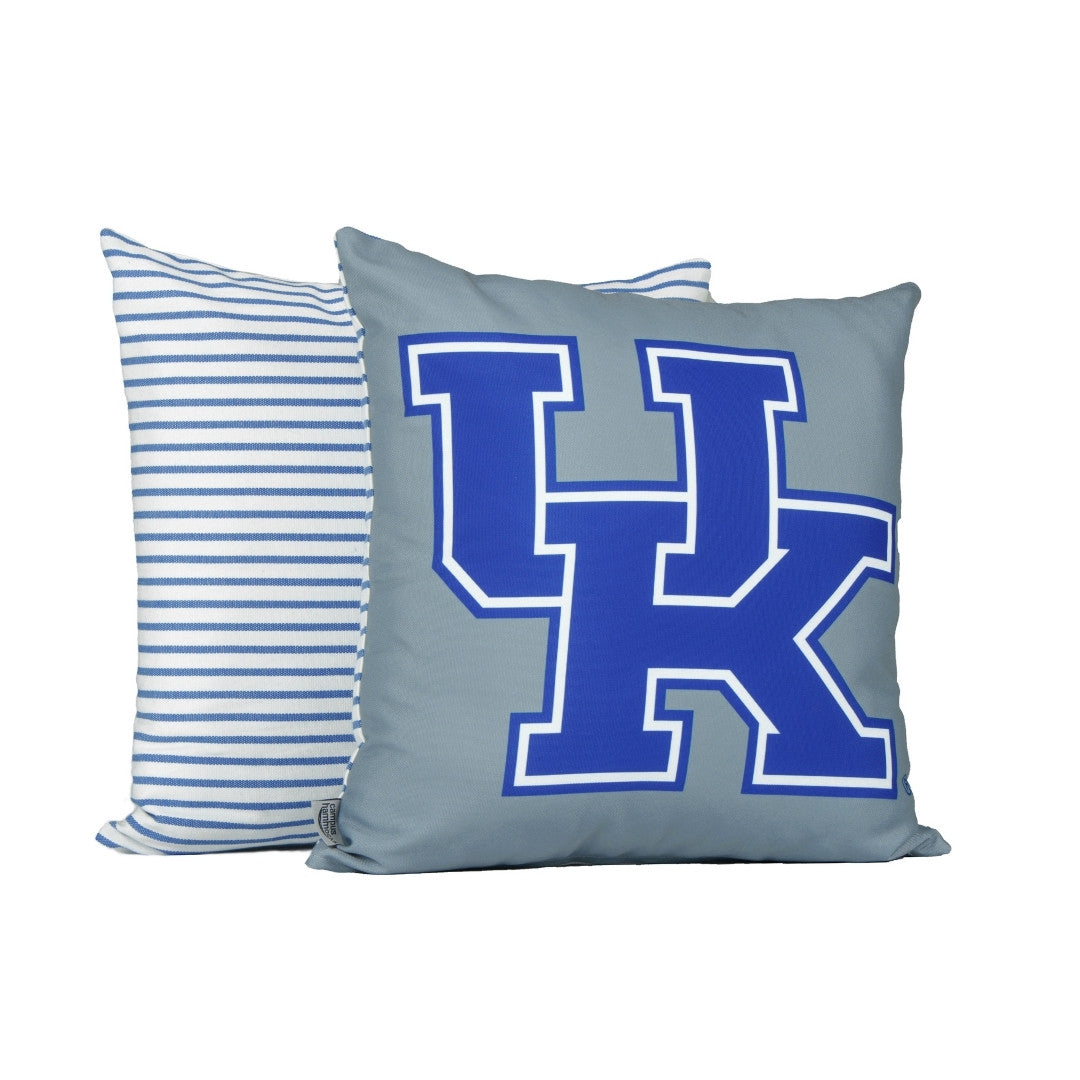 Silver pillow with blue 'UK Kentucky Wildcats' logo and striped white and blue pillow on a white background