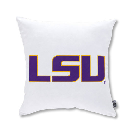 A square white throw pillow featuring the LSU logo in purple with a gold outline,  for Louisiana State University set against a clean white background.