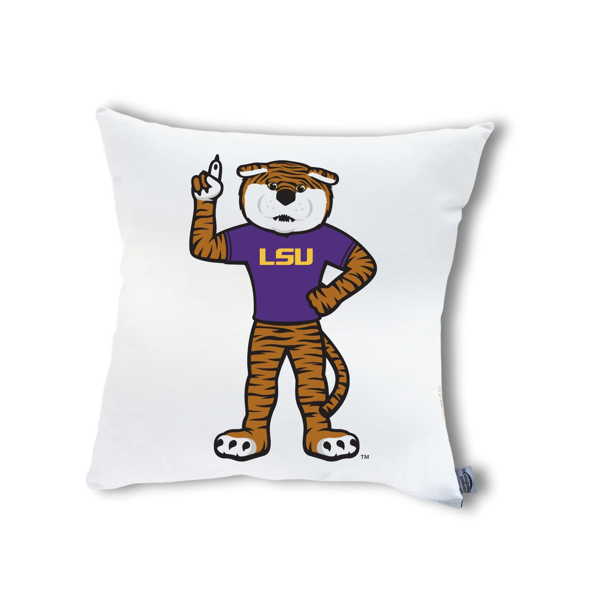 LSU Mike the Tiger pillow cover showing Mike standing in his purple LSU tee
