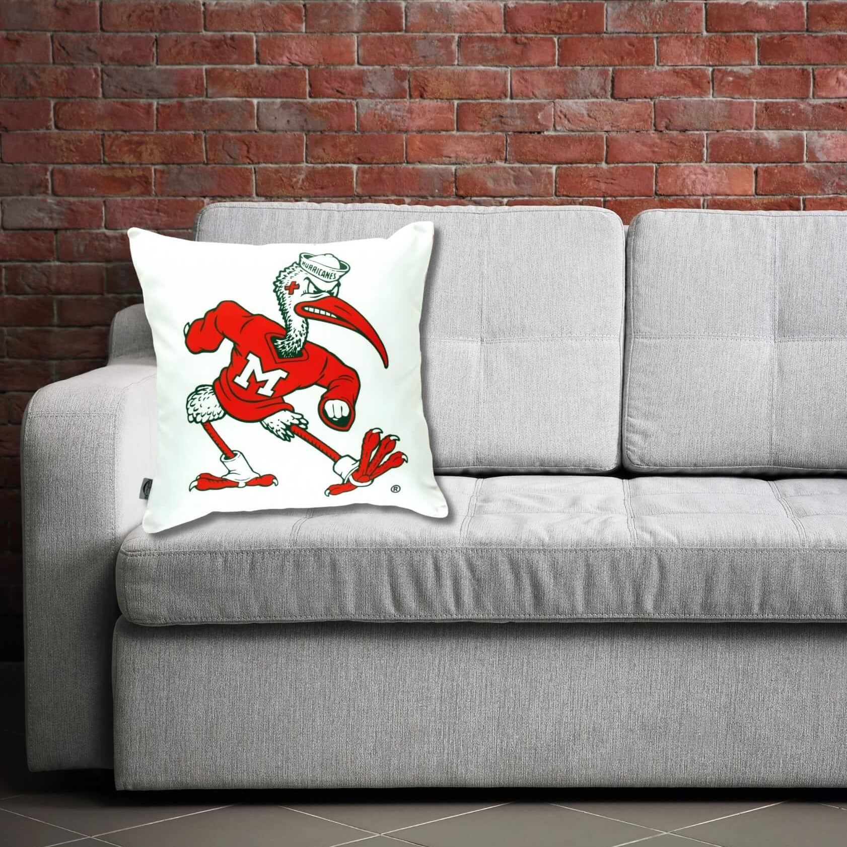 Miami hurricanes Ibis mascot pillow on a sofa