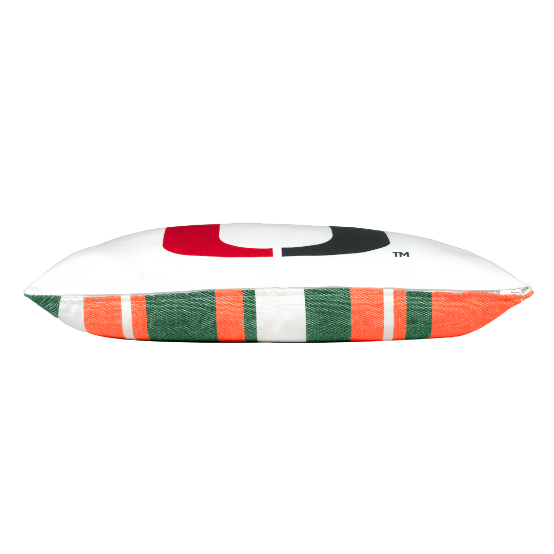 Decorative Miami Hurricanes pillow with colorful stripes side view
