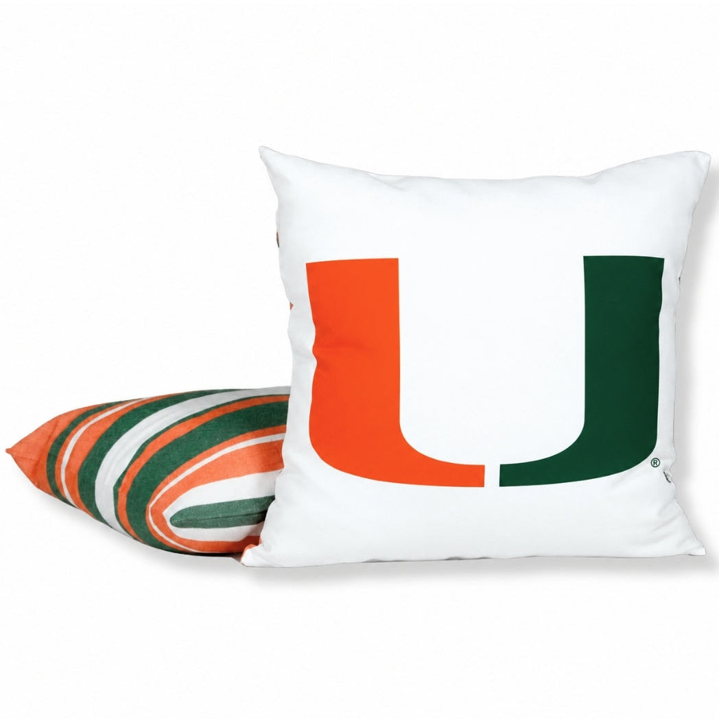 Miami Hurricanes U logo throw pillow cover with orange and green striped back