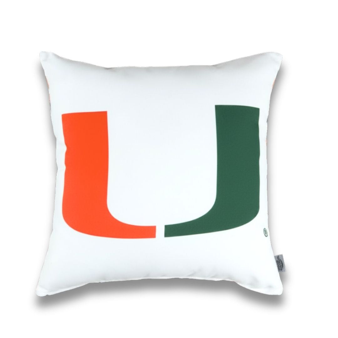 Large Miami Hurricanes U logo throw pillow on a white background