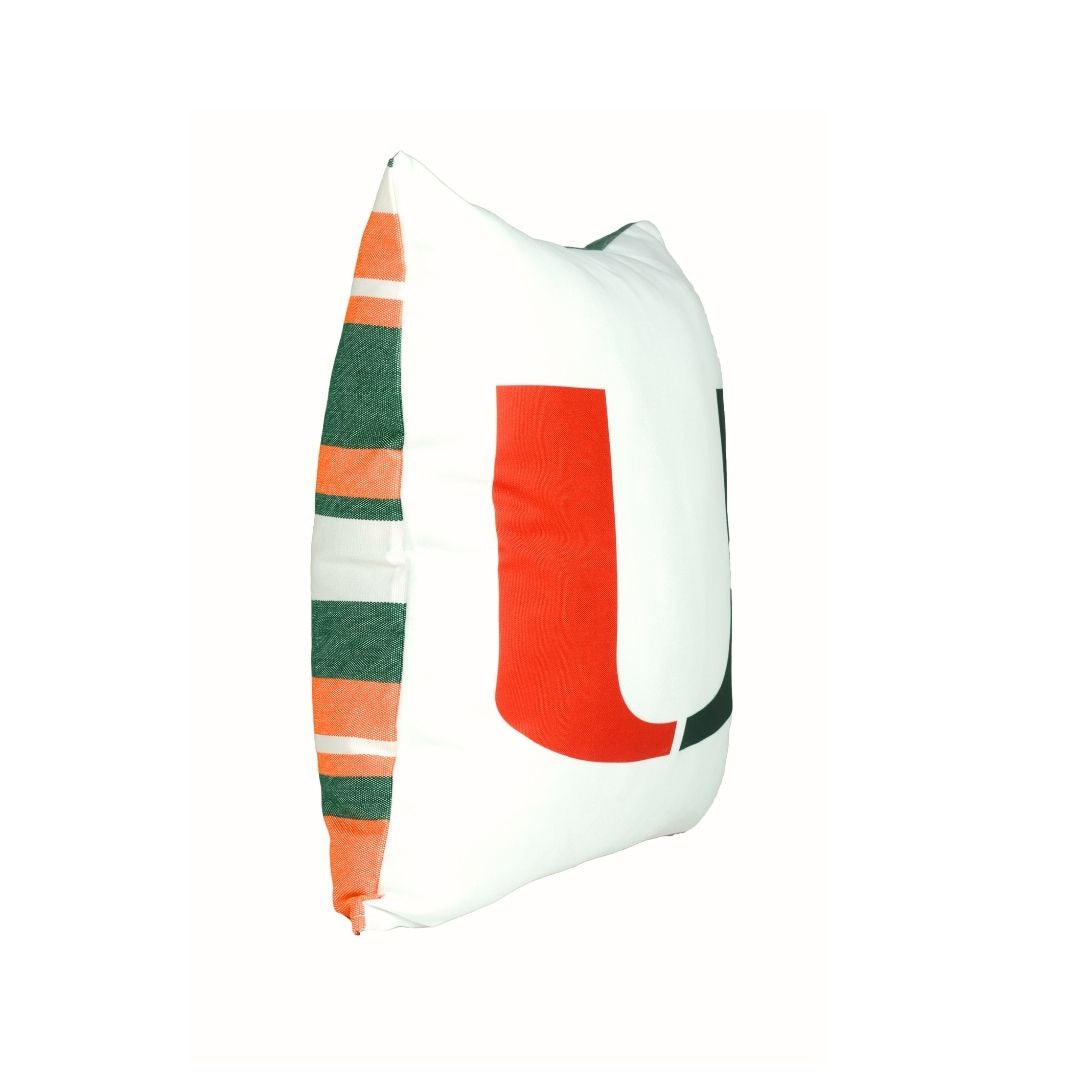 Side view of the Miami Hurricanes large U throw pillow