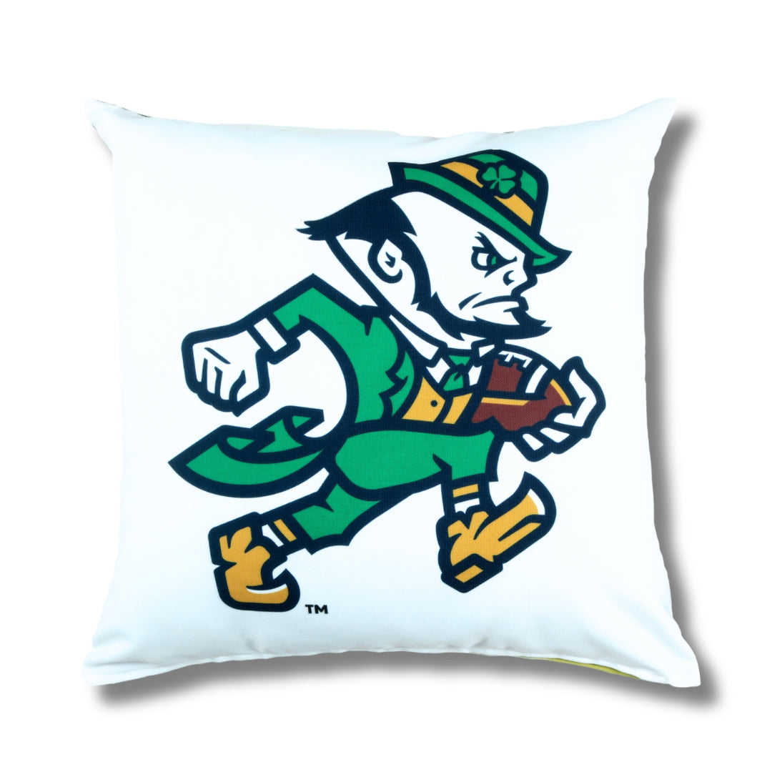 White pillow with a Notre Dame Football logo