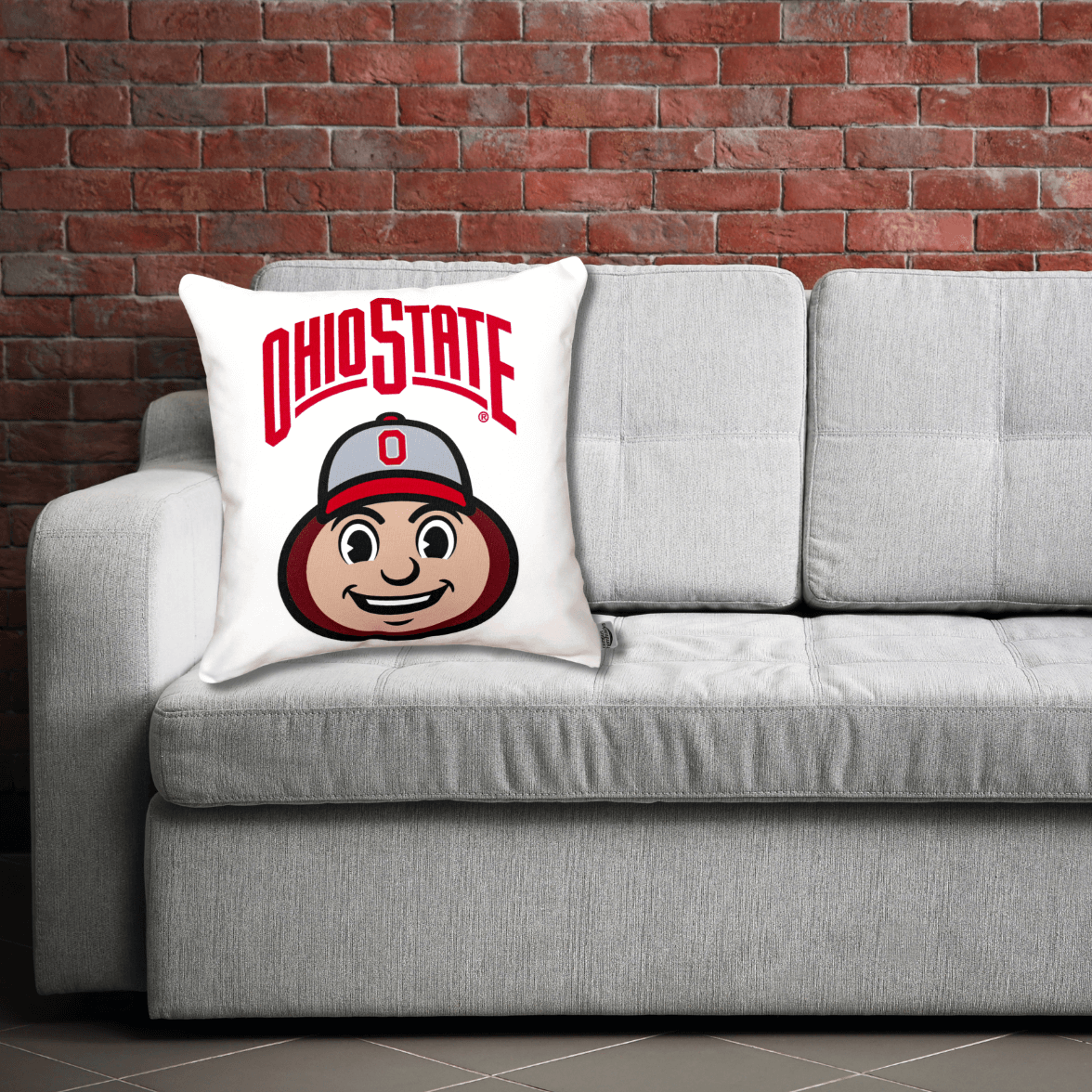 ohio state Buckeyes mascot pillow on a sofa