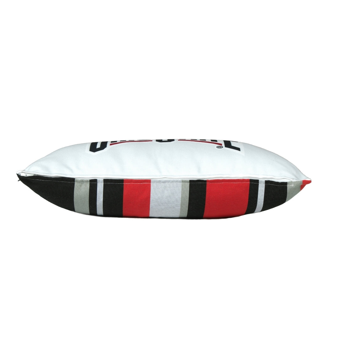 Decorative Ohio State University pillow with zipper. Has red, black, and gray stripes on a white background