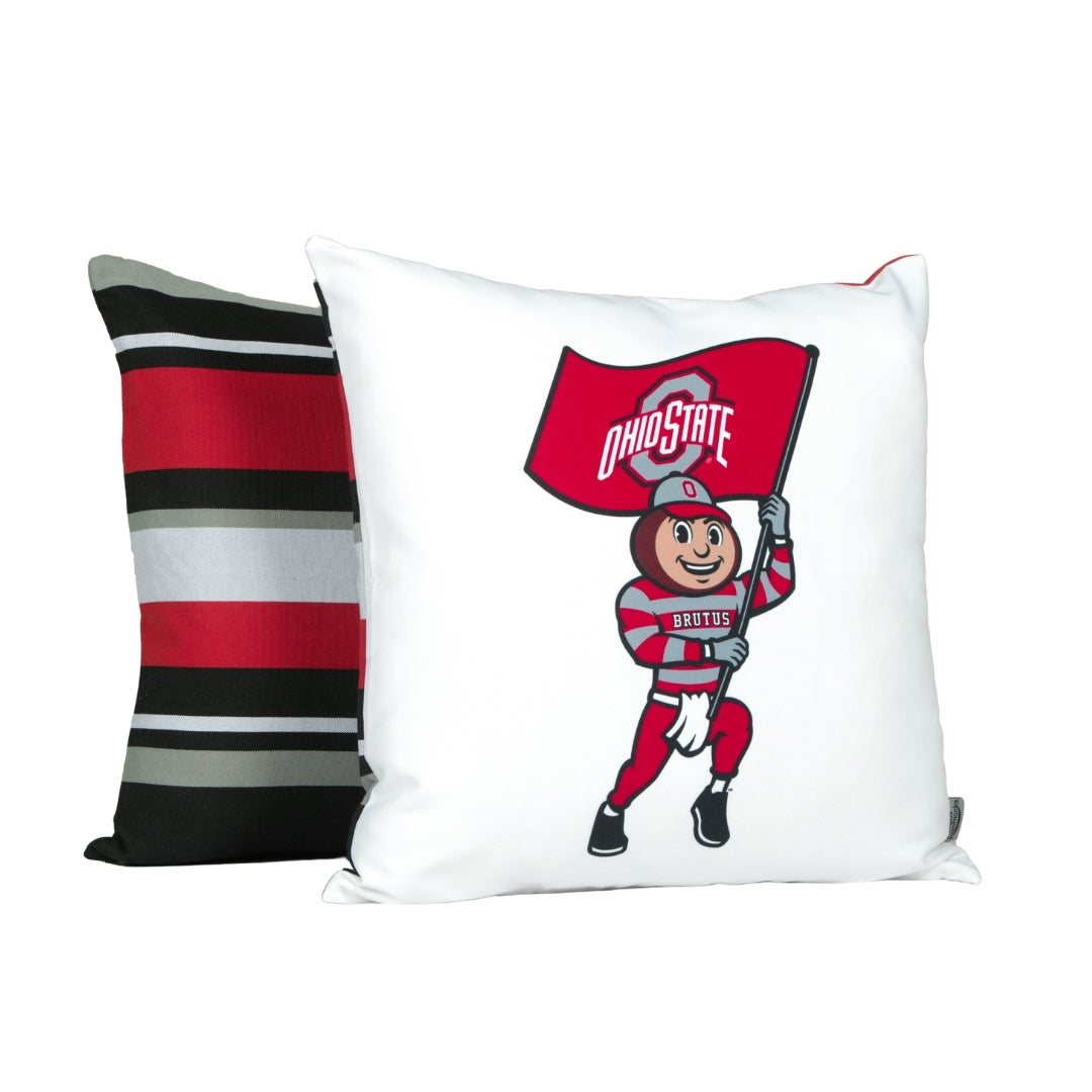 Two pillows, one striped and one with a Brutus Buckeye mascot design, on a white background