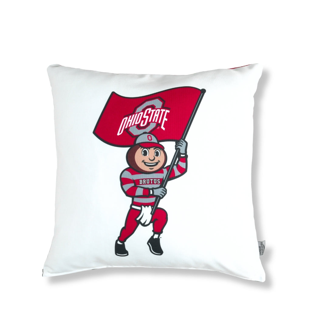 Pillow with Ohio State mascot holding a red flag on a white background