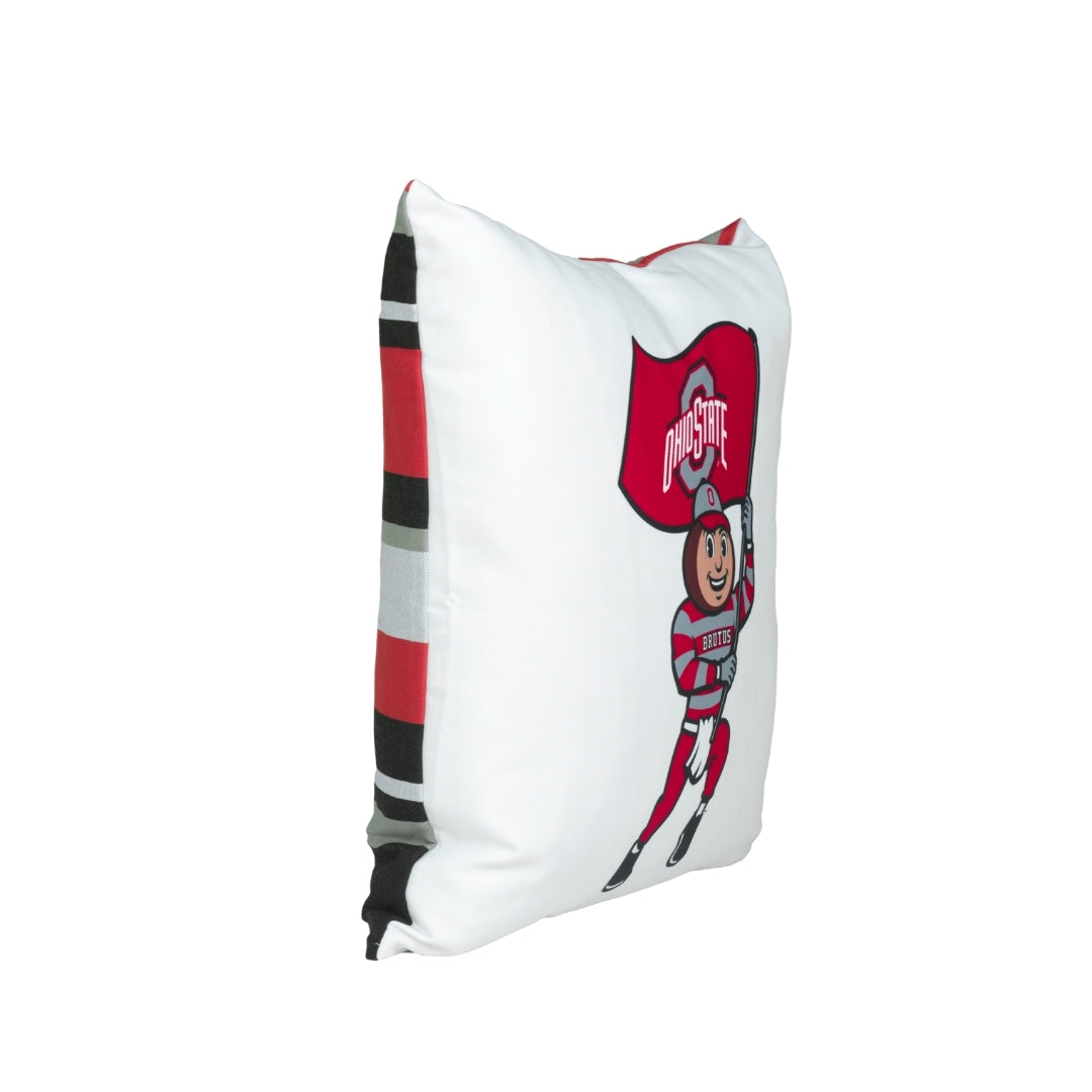 side view of an Ohio State pillow on a white background