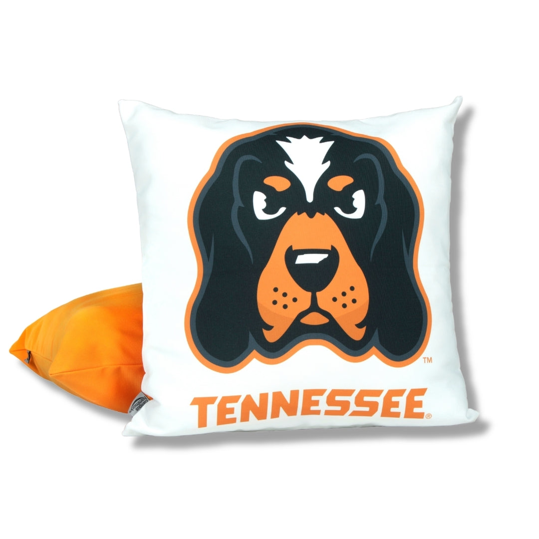 Pillow with Smokey the University of Tennessee hound mascot and orange 'TENNESSEE' text on a white background