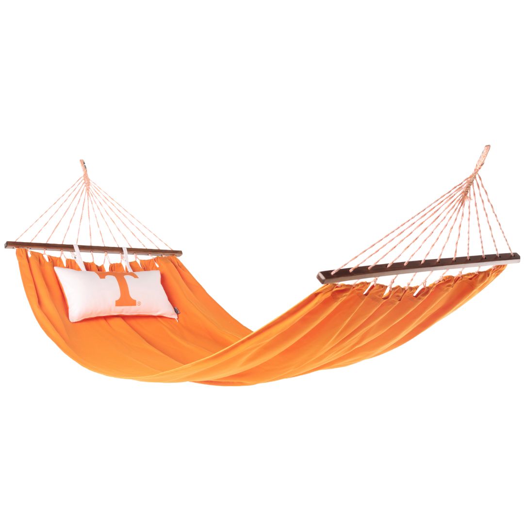 Tennessee Volunteers orange hammock with a white pillow on a white background