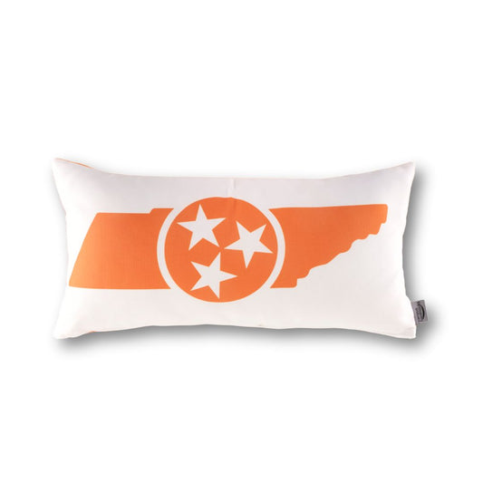 Pillow with orange Tennessee state shape and star design on a white background. Tri-Star State design VOLS